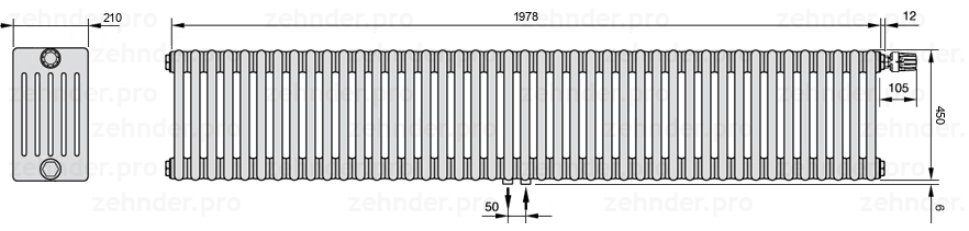 Схема (чертеж) Радиатор Zehnder Charleston 6045/43 №V008 Белый глянцевый RAL 9016